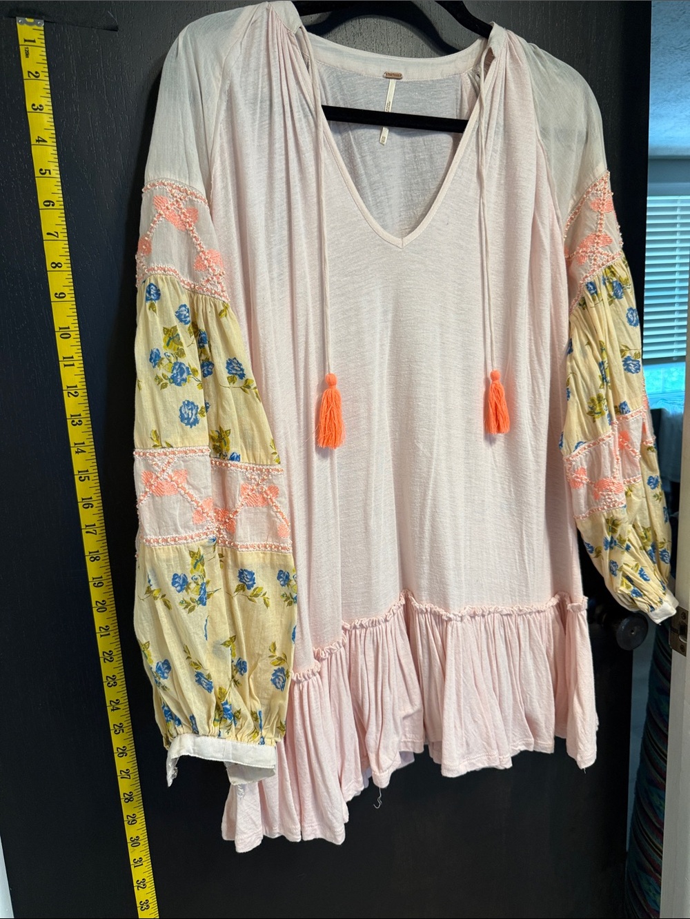 Free People Boho Pink Floral Sleeve V-Neck Tunic Top